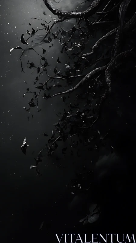 Moody midnight branches drifting through quiet shadowed mist.