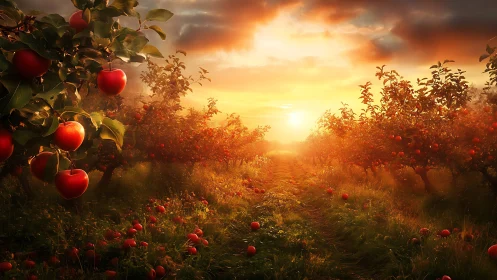 Sunlit apple orchard glows under dramatic autumn sky.