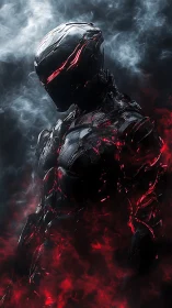 Cybernetic warrior burns through shadowed crimson smoke.