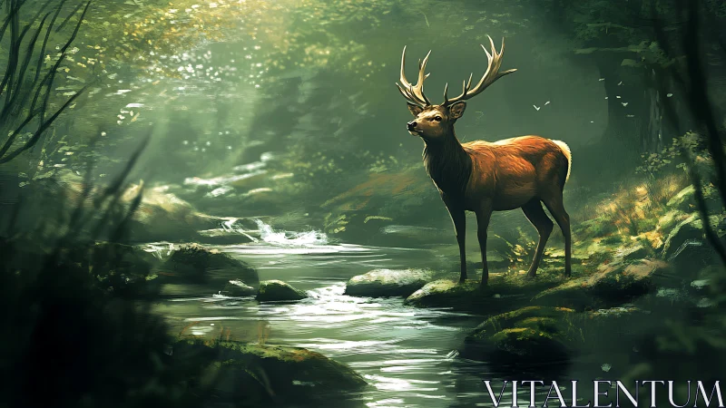 Majestic stag in sunlit forest by stream, digital painting style.