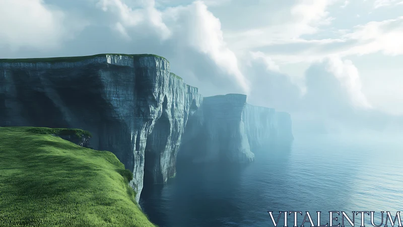 Massive Columnar Basalt Cliffs with Verdant Slope Meeting Tranquil Ocean.