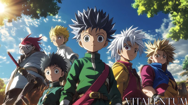 Anime team of young warriors under dramatic sunlight.