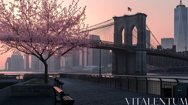 Blush-tinted dawn lets Brooklyn Bridge share spring secrets
