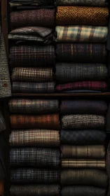 Stacked textile collection displaying woven patterns and plaids.