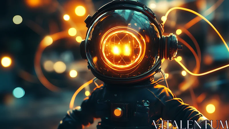 Humanoid figure in illuminated helmet stands amid orange bokeh
