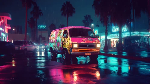 Neon-lit graffiti van in rain-soaked retro city street at night