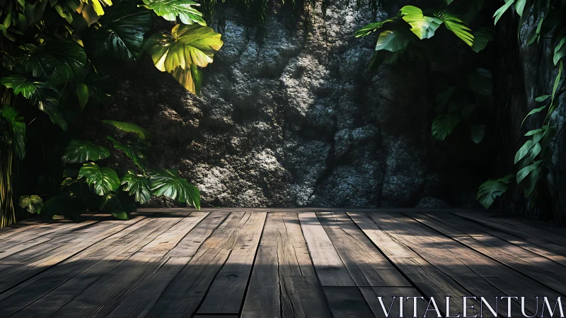 Sunlit Wooden Deck Framed by Lush Tropical Foliage.