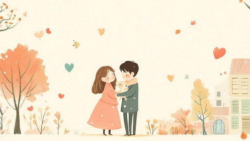 Stylized illustration depicts couple with child in autumn setting