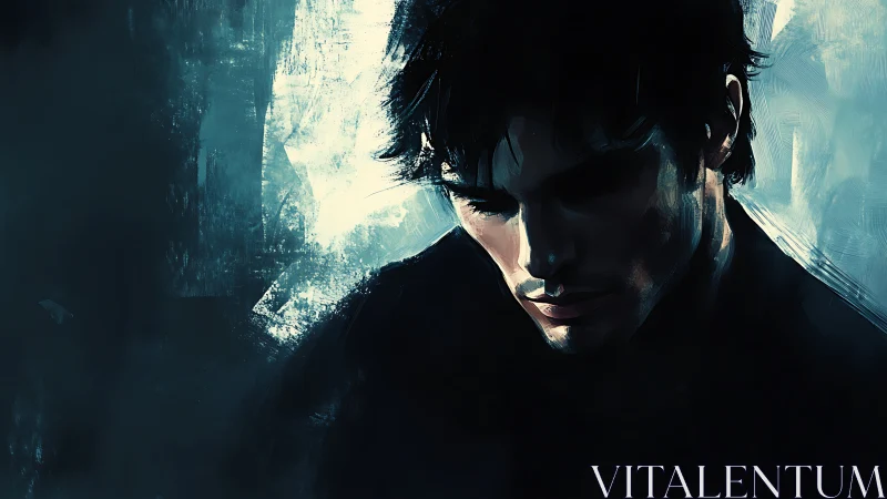 Brooding silhouette carved in electric teal and shadowed light.