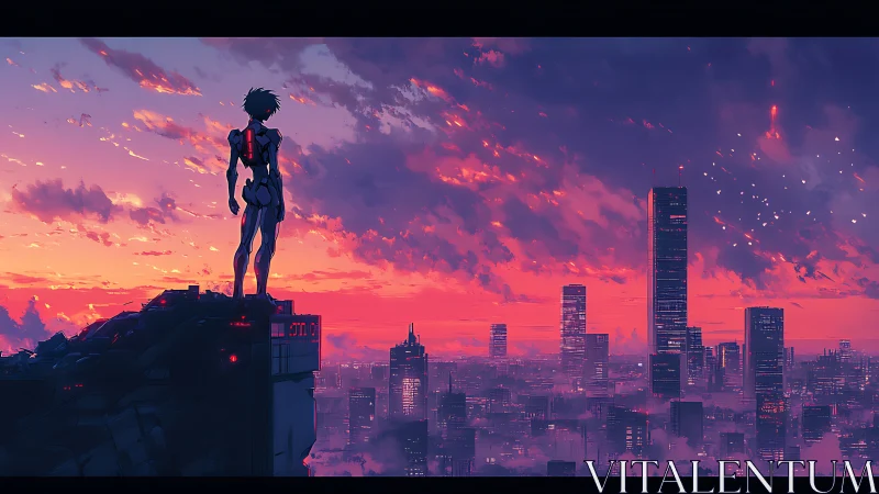 Solitary cybernetic figure surveys neon city at dusk