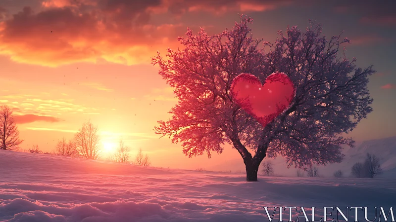 Heart-Shaped Tree at Sunset in Snow.