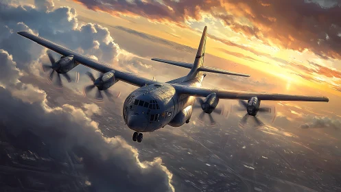 Military transport aircraft flies through dense sunset clouds