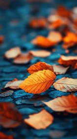 Orange autumn leaves on wet blue surface in shallow focus.