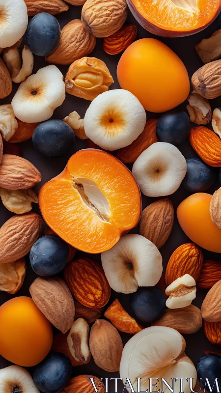 Mixed stone fruits and assorted nuts form compact arrangement