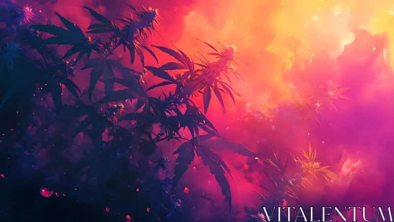 Luminous cannabis silhouettes cut through vivid nebula haze