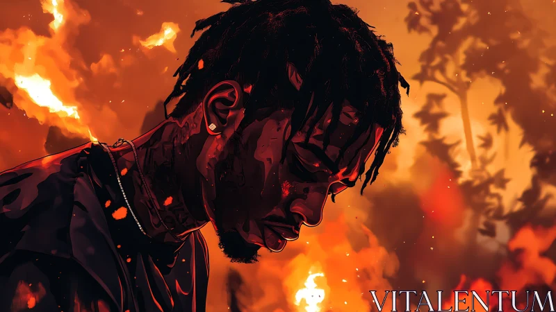 Digital portrait of man before intense orange fire glow.