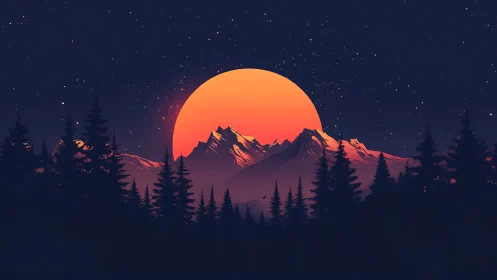 Silhouetted conifer forest before stylized sunlit mountains.