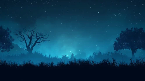 Moonlit forest silhouettes glow beneath a starry sky.