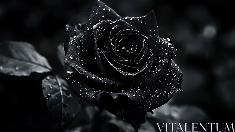 Black rose macro photograph shows water droplets on petals