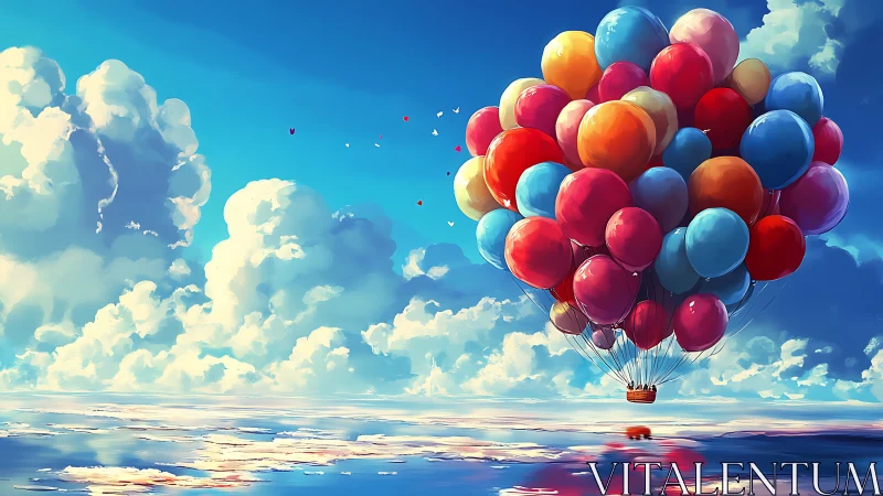 Clustered balloons lift basket over reflective ocean surface