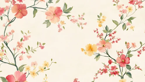 Soft watercolor floral branches on warm cream ground.