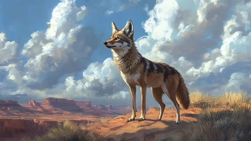 Coyote on sandstone ridge under cumulonimbus desert sky