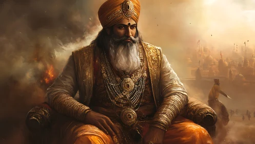 Majestic Sikh ruler enthroned amid smoky battlefield glow.