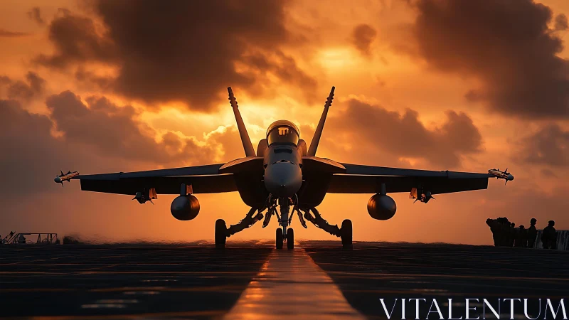 Carrier-based fighter jet silhouette on flight deck at sunset
