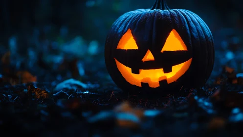 Midnight jack o’ lantern grins through the blue forest hush.