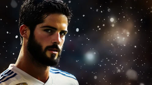 Bearded footballer portrait under stadium lights at night.