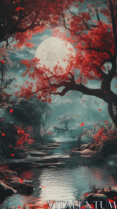 Moonlit forest stream is framed by dense red foliage