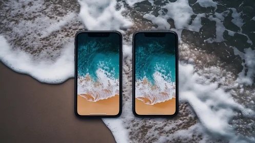 Twin smartphones juxtapose real shoreline with screen seascapes