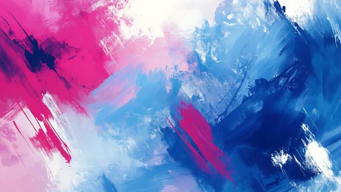 Vibrant abstract painting with energetic pink and blue brushstrokes.
