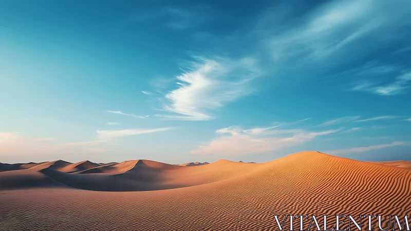 Sunlit desert dunes with rippled sand under vibrant sky.