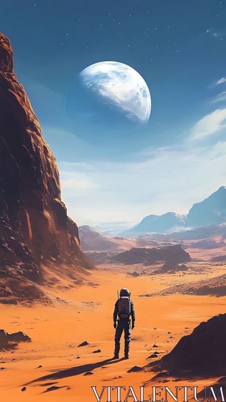 Solitary astronaut crosses a vast alien desert beneath Earth.