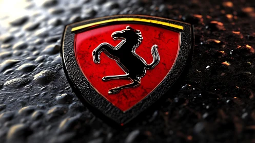 Metallic shield emblem with horse figure lies on wet surface