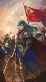 Armored heroine leads fantasy army beneath red war banner.