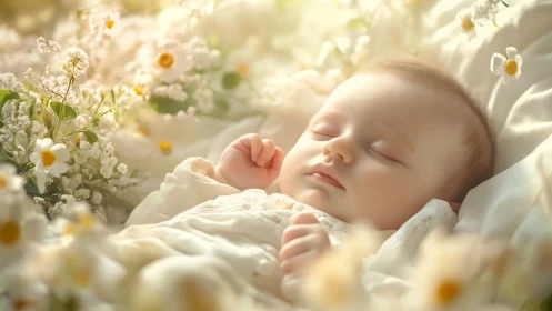 Peaceful newborn sleeping among gentle white daisies. Sweet dreams.