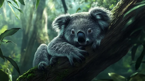 Dreamy rainforest koala lounging on a mossy emerald branch.