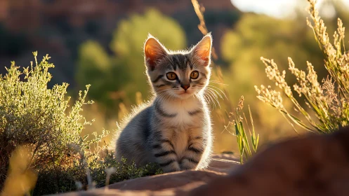Young Tabby Kitten Backlit in Desert Botanical Setting