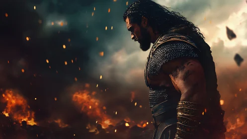 Battle-scarred warrior pauses in a storm of drifting embers.