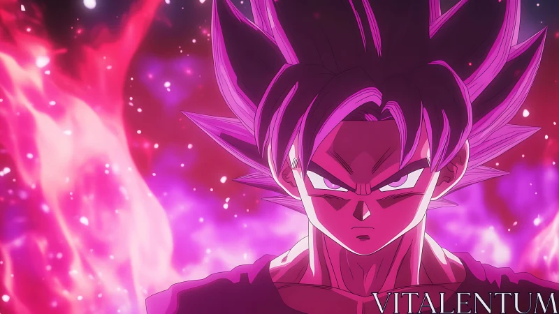Anime warrior with pink energy aura in intense close-up.