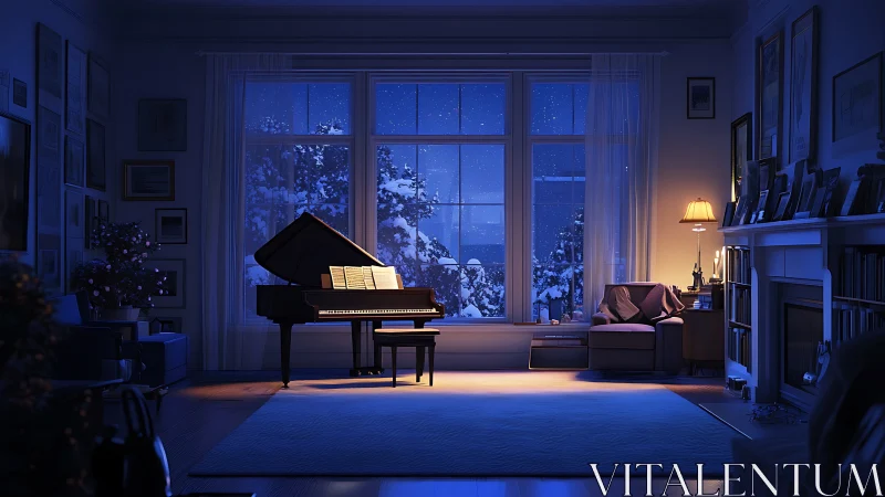 Grand piano in lamplit living room facing winter window