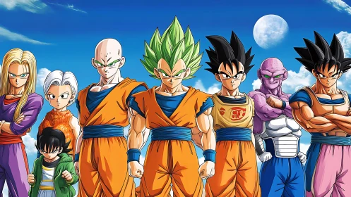 Dynamic anime heroes aligned under saturated blue sky.