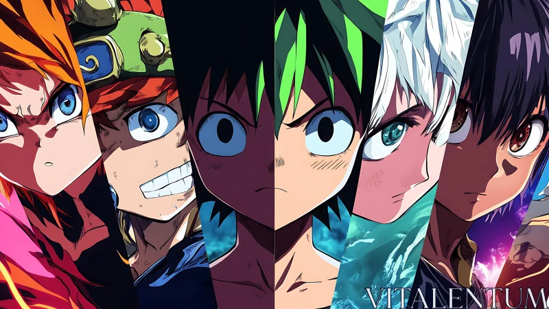 Dynamic split-panel anime heroes in high-contrast composition.