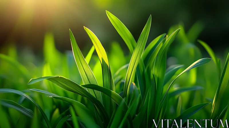 Sunlit Green Grass Blades in Nature Close-Up, Soft Focus Style.