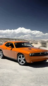 Tangerine muscle prowls sunlit desert under thunderous sky