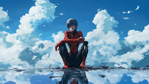 Quiet sky-gazing hero resting beside a shimmering mirror lake.