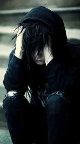 Hooded figure in distressed black apparel, crouched in tension.