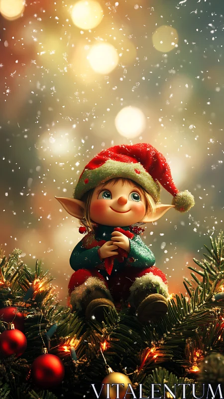 Cartoon elf figure sits on decorated fir branches in snow